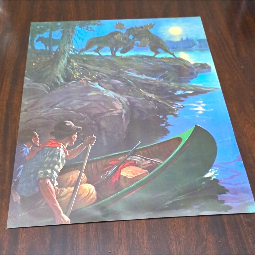 Telyea Signed Moose Canoe Lake Wilderness Paper Print Unframed Landscape 20x16